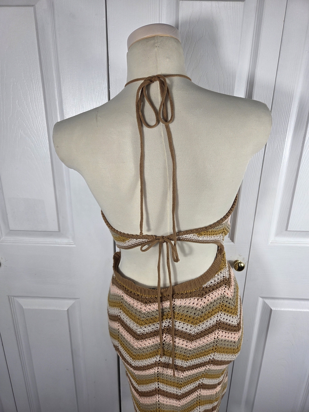 Lush Crochet Knit Halter Maxi Dress Boho Chevron Open Back Small - Picture 4 of 7